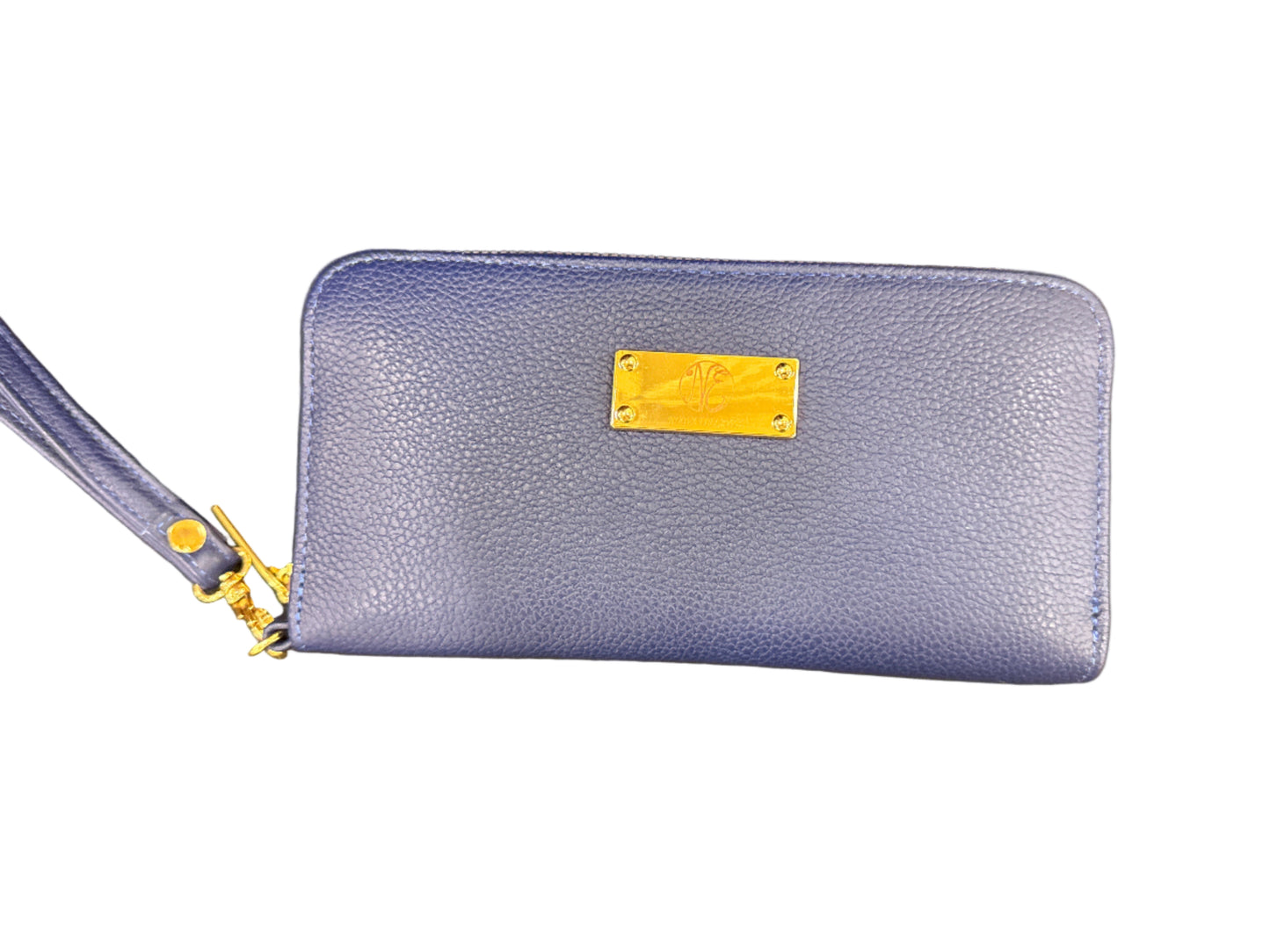 A blue leather wrist wallet with a gold-tone brand plaque attached to a gold chain.